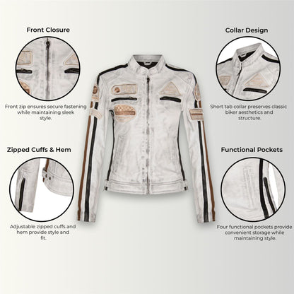 Womens Biker Racing Badges Leather Jacket-Eastleigh