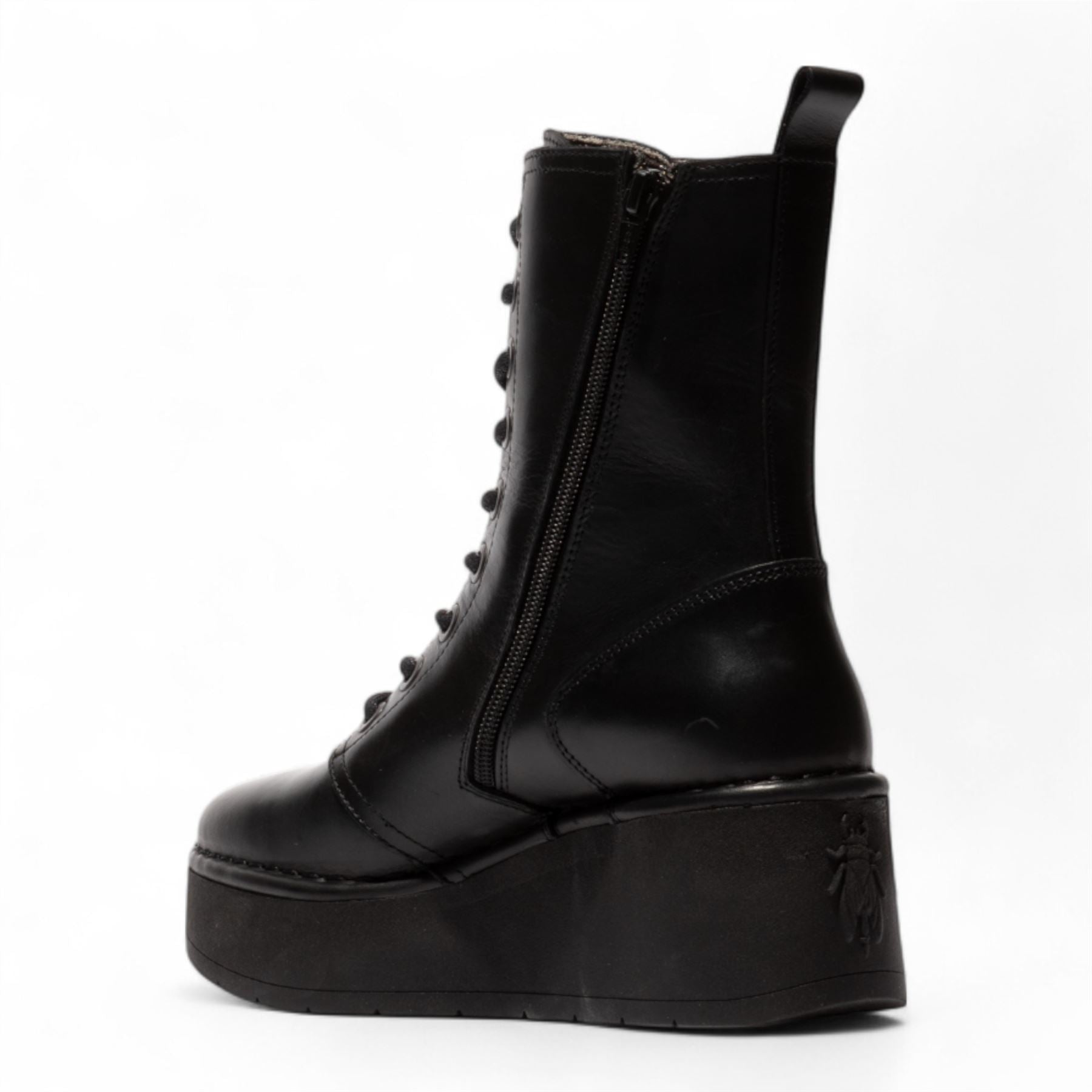 Fly London Womens Black HAIT273 Leather Lace-up Chunky Platform Ankle Boots