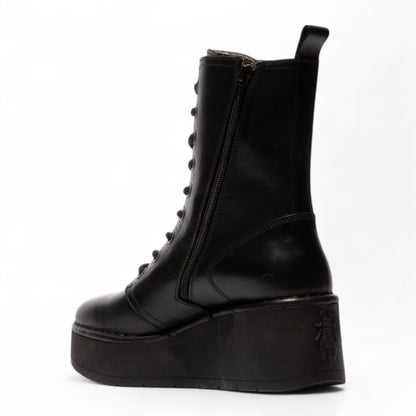 Fly London Womens Black HAIT273 Leather Lace-up Chunky Platform Ankle Boots