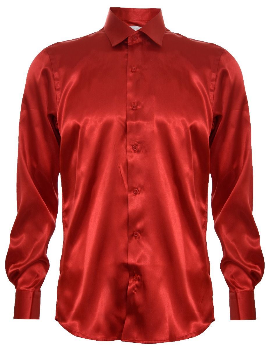 Mens Red Satin Silk Shirt Smart Casual Button Down Cuff Tailored Fit - Upperclass Fashions 