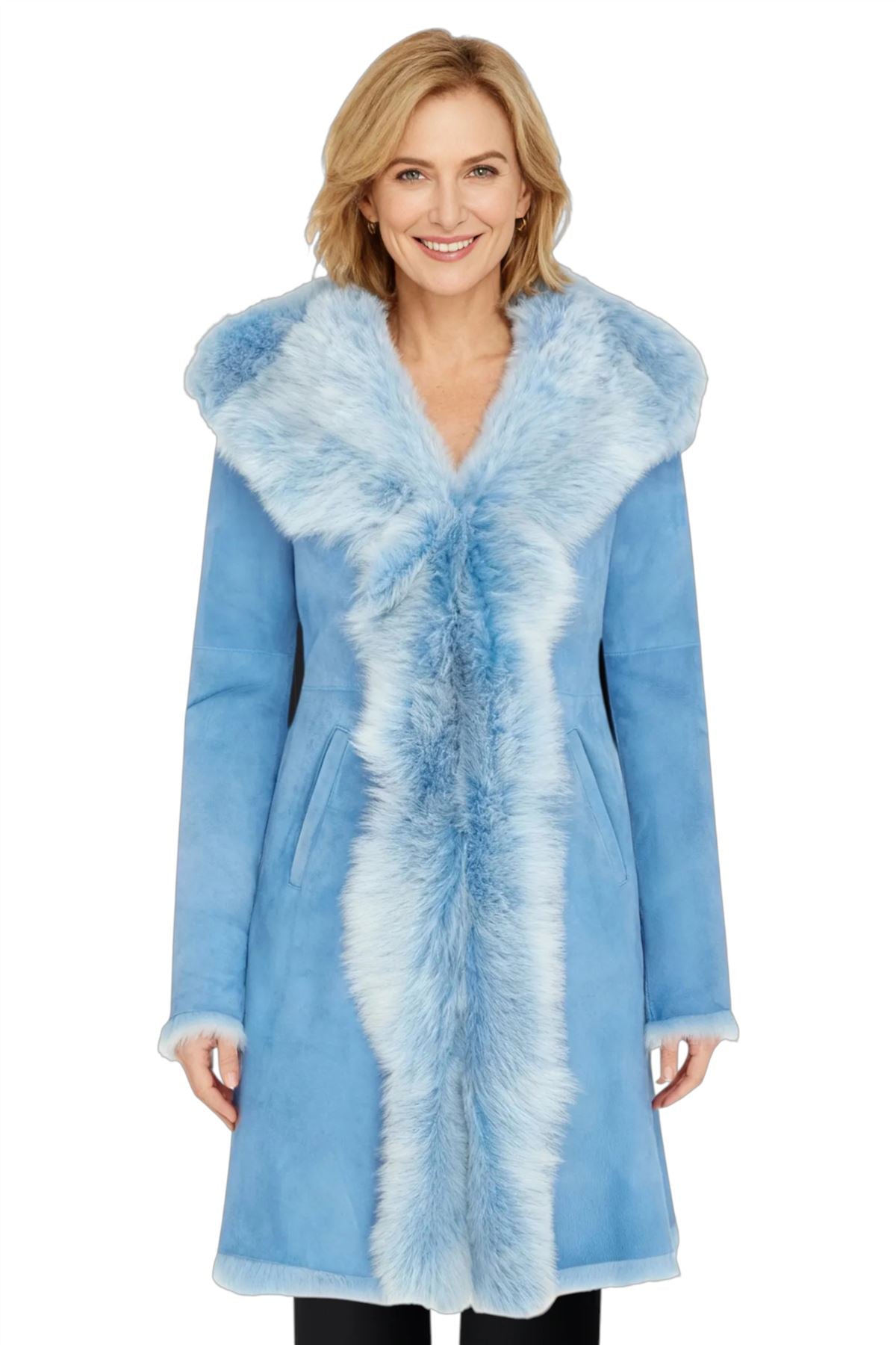 Womens Blue Toscana Sheepskin Suede Leather Hooded Trench Coat - Aura