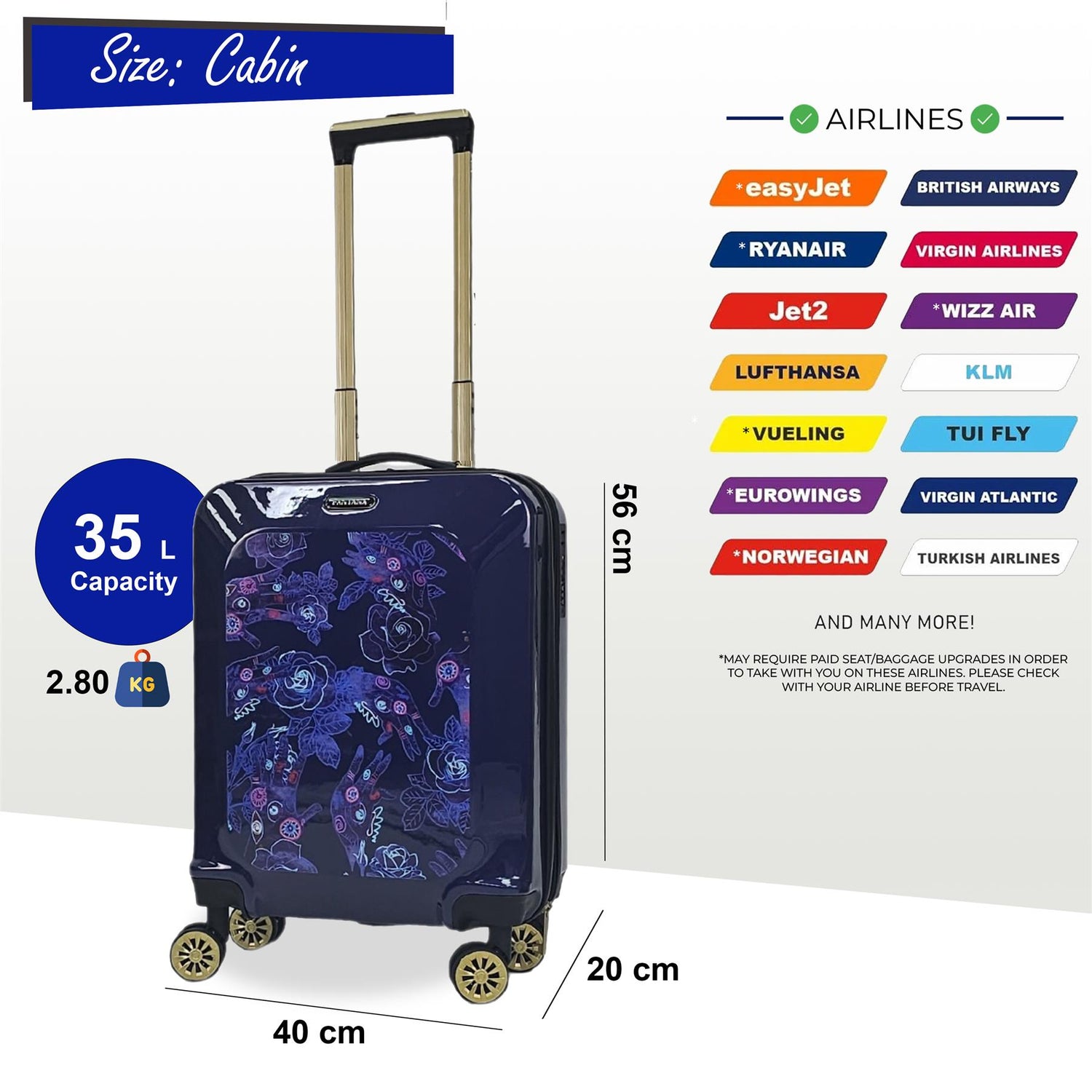 Hard Shell Cabin 4 Wheel Suitcase Flower Print Luggage