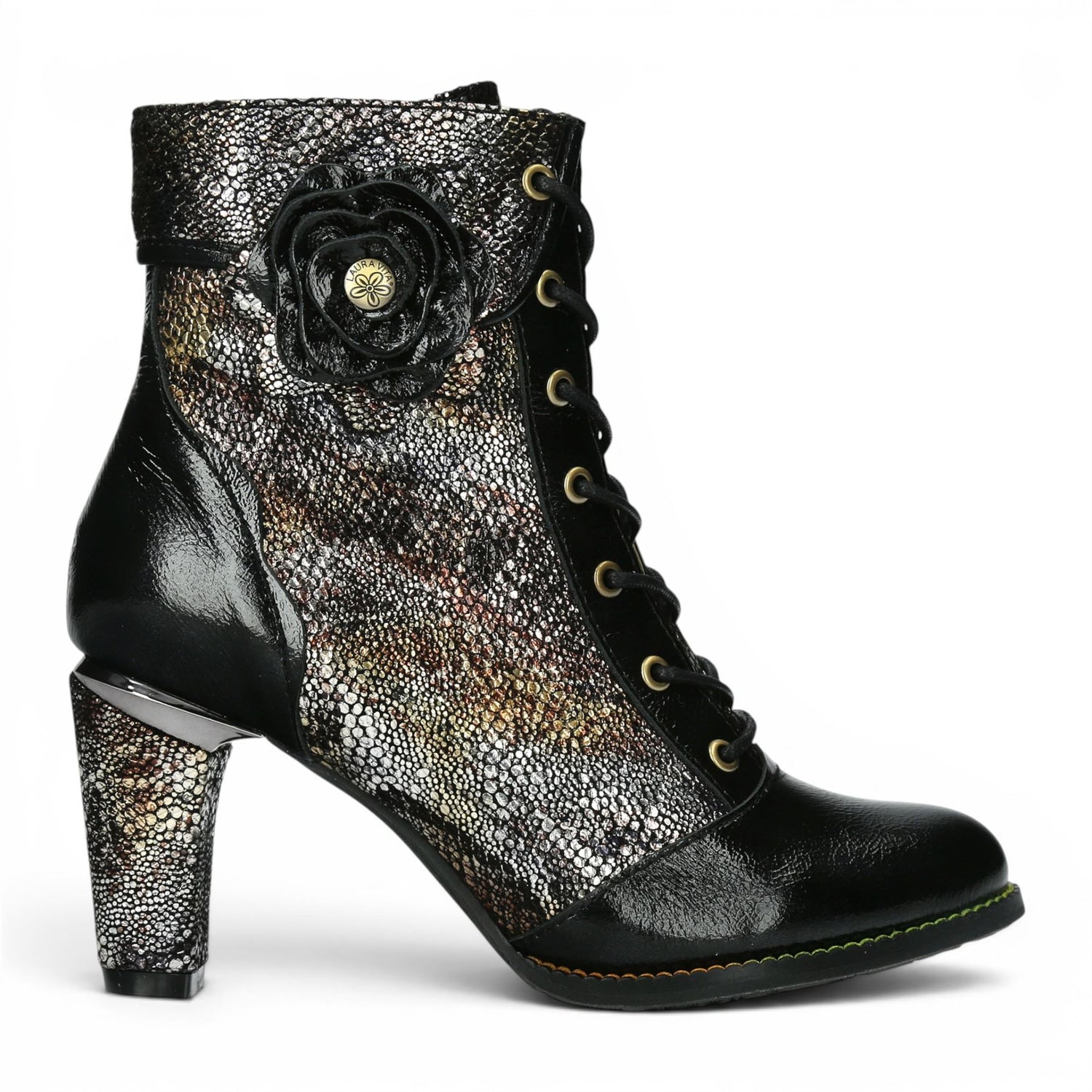 Laura Vita Women’s Black Leather Floral Heeled Lace-Up Boots - Alcbaneo 173