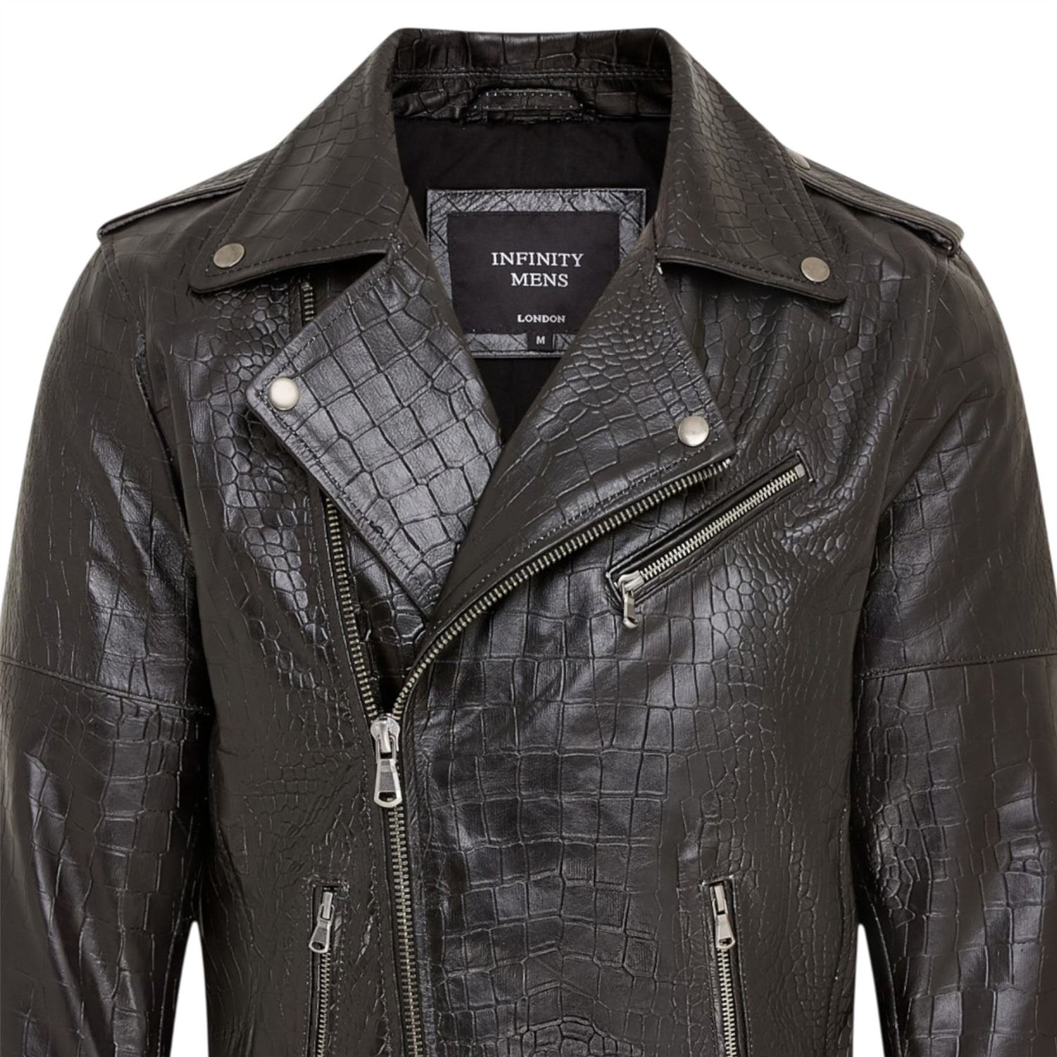Mens Cow Leather Alligator Print Embossed Biker Jacket - Rot