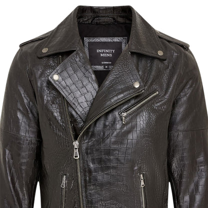 Mens Cow Leather Alligator Print Embossed Biker Jacket - Rot