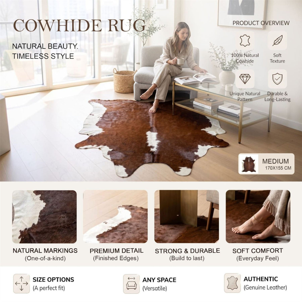 Natural Cow Leather Cowhide Hairon Rug - Hereford