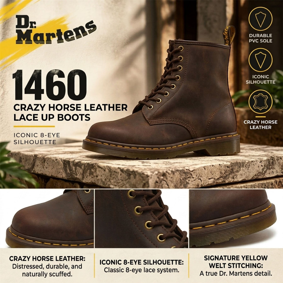 Dr Martens 1460 Brown Crazy Horse Leather Combat Boots - 11822203