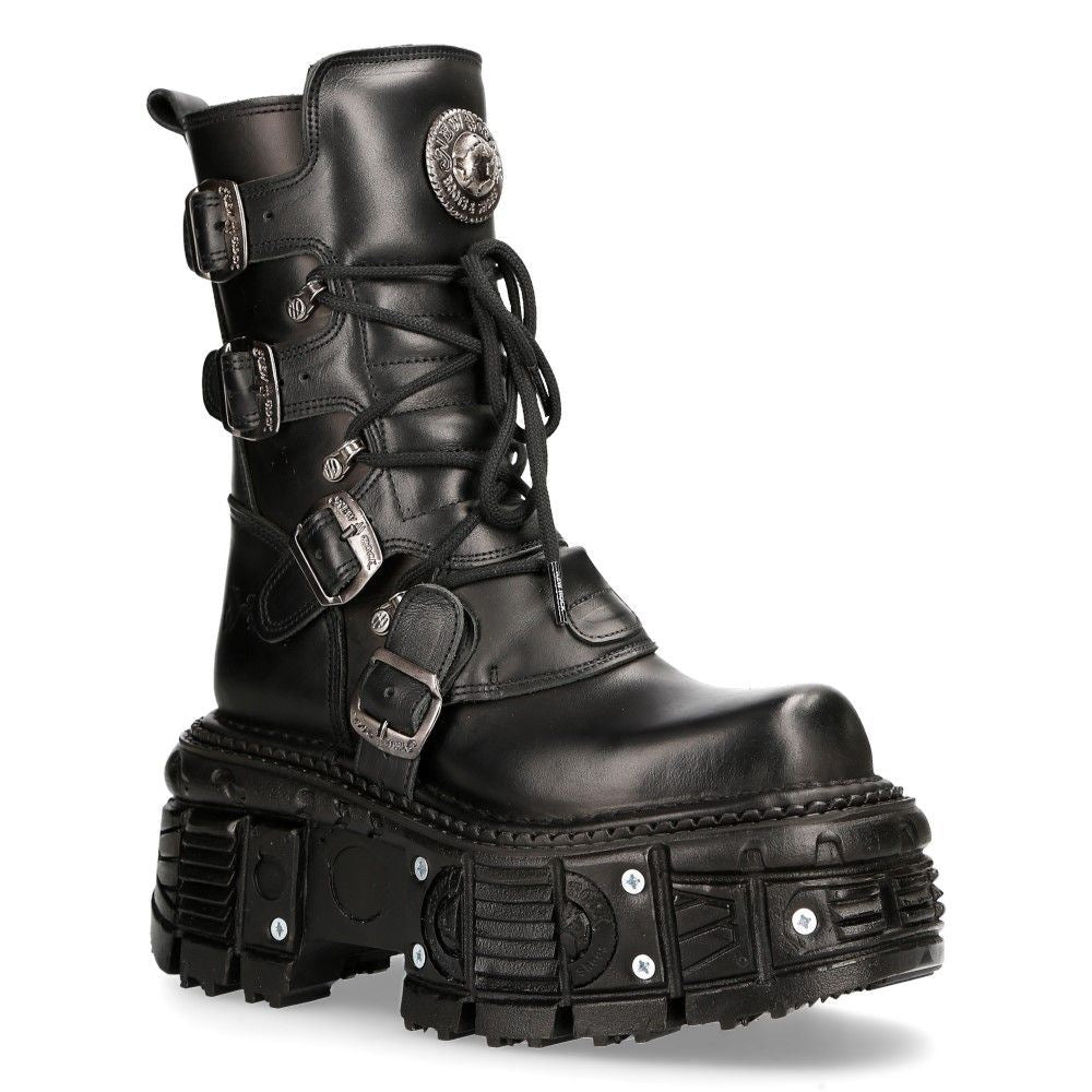 New Rock Unisex Black Leather Combat Platform Boots - TANK373-S1