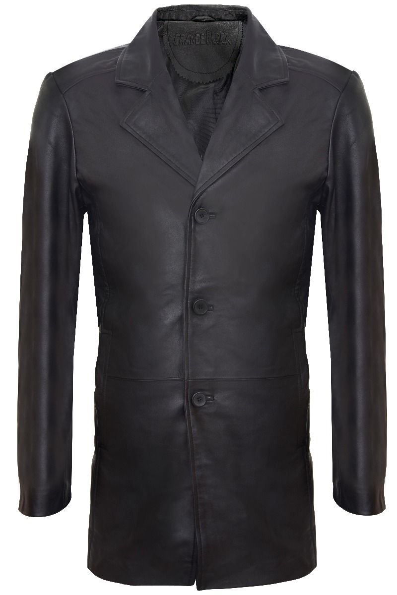 Mens Classic 3/4-Length Black Leather Overcoat-East Ham