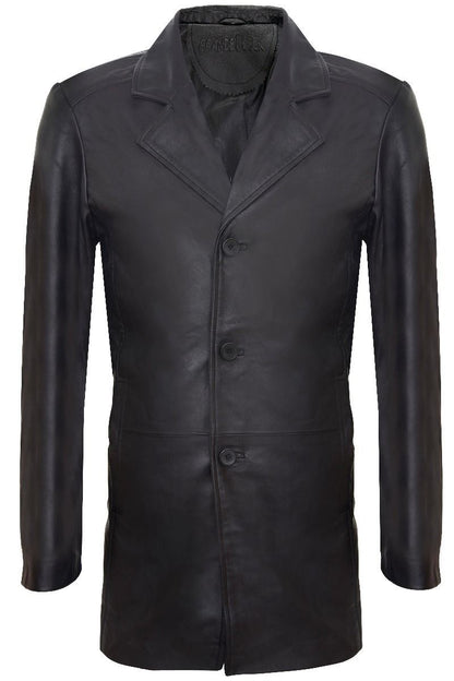 Mens Classic 3/4-Length Black Leather Overcoat-East Ham