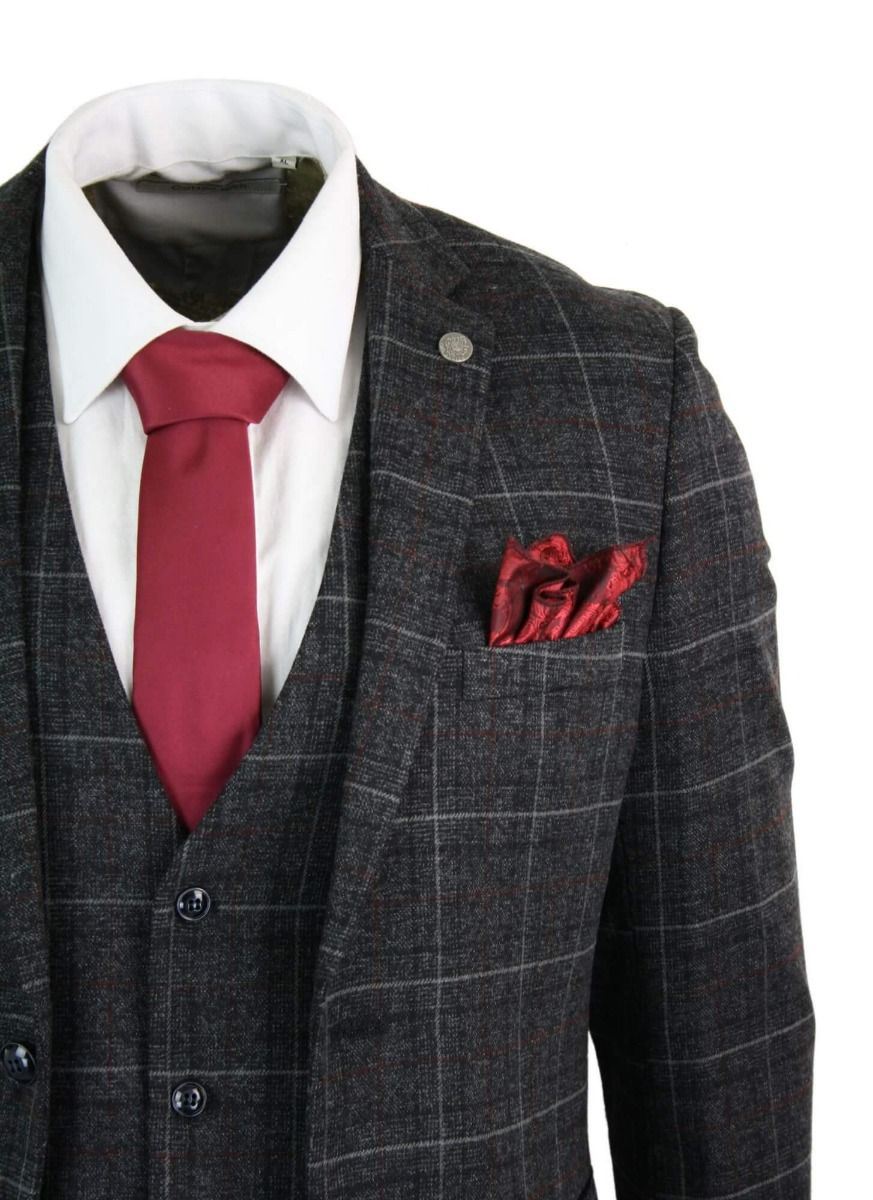 Mens 3 Piece Charcoal Grey Tweed Check Vintage Retro Suit
