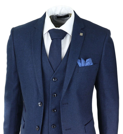 Mens 3 Piece Navy Blue Birdseye Tweed Classic Suit - Upperclass Fashions 