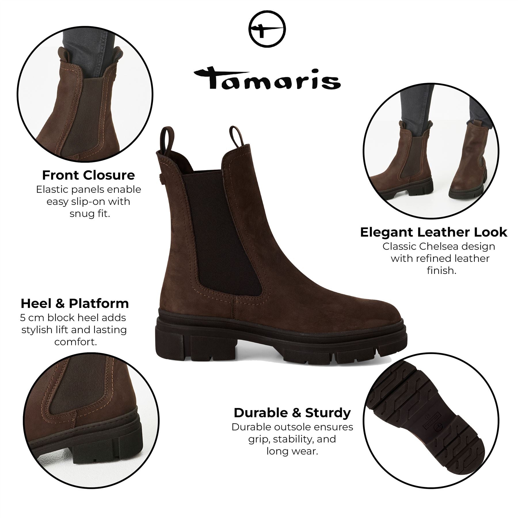 Tamaris Womens Mocca Brown Leather Classic High Pull-On Chelsea Ankle Boots