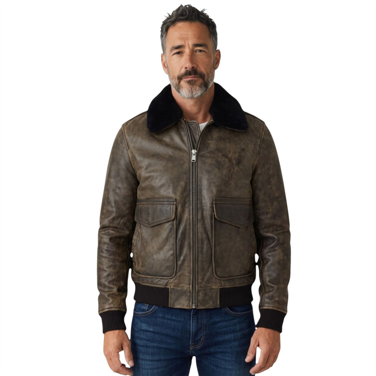 Mens Leather Aviator Bomber Jacket - Lunar