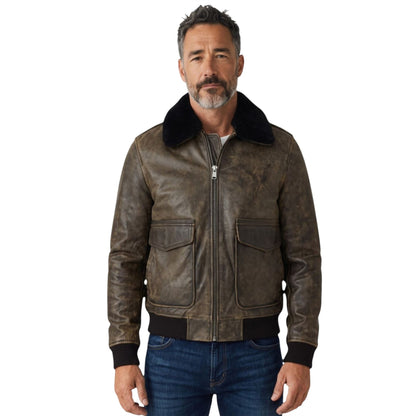 Mens Leather Aviator Bomber Jacket - Lunar