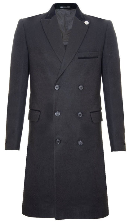 Mens 3/4 Black Long Double Breasted Crombie Overcoat Wool Coat Peaky Blinders