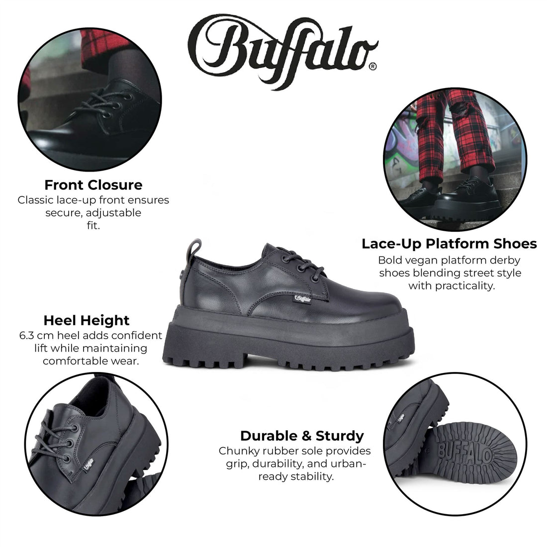 Buffalo Women’s Black Lace-Up Chunky Platform Derby Shoes - Pluto