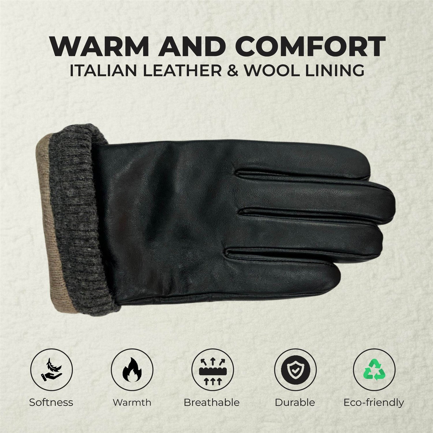 Men’s Italian Leather Warm Wool Lining Winter Knit Rib Gloves - M-LGV-105