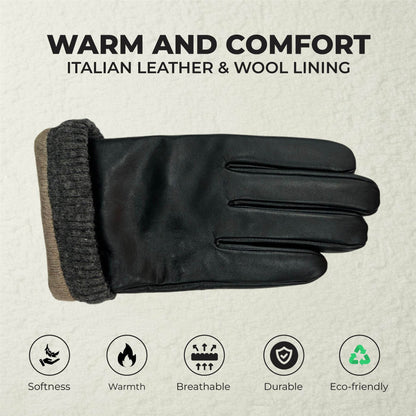 Men’s Italian Leather Warm Wool Lining Winter Knit Rib Gloves - M-LGV-105