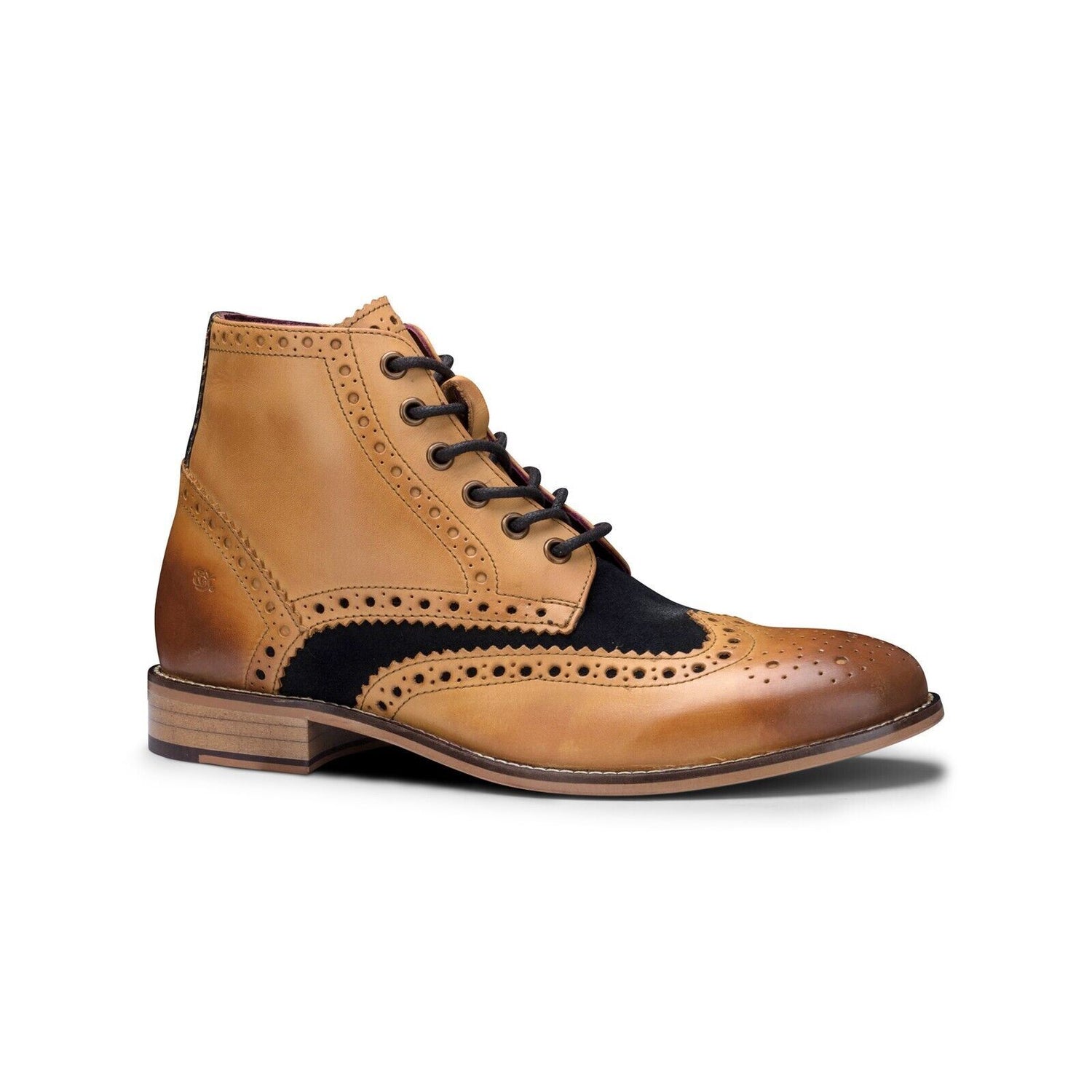 Mens Classic Oxford Tan Leather Gatsby Brogue Ankle Boots with Navy Suede - Upperclass Fashions 