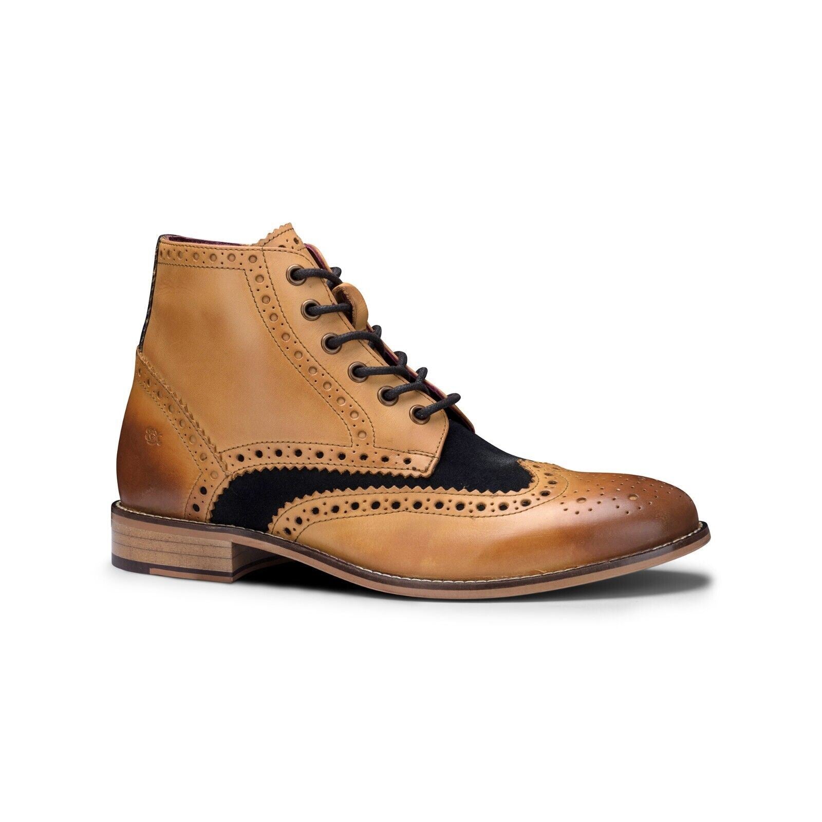 Mens Classic Oxford Tan Leather Gatsby Brogue Ankle Boots with Navy Suede