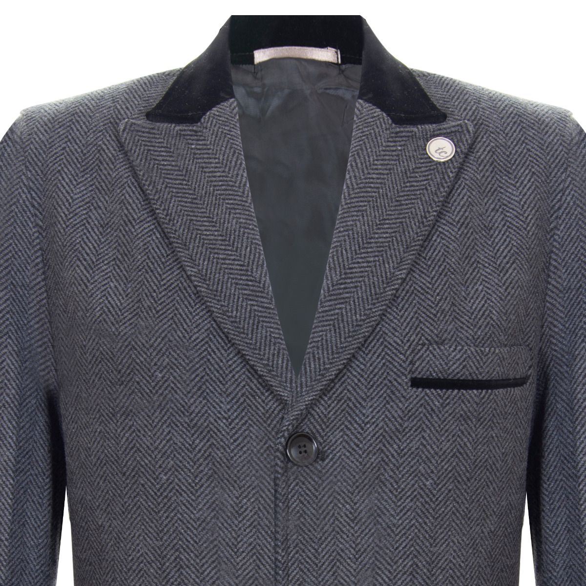Mens 3/4 Long Grey Crombie Overcoat Jacket Herringbone Tweed Coat Peaky Blinder - Upperclass Fashions 