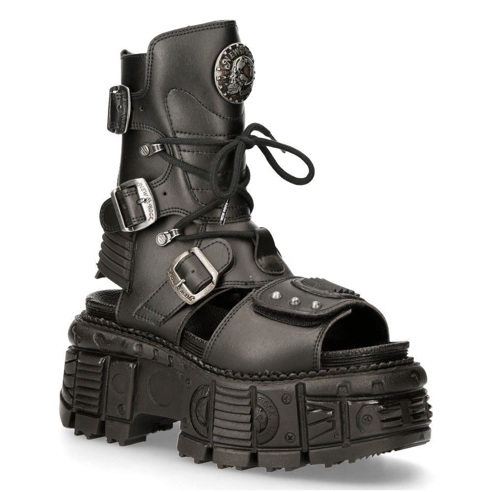 New Rock Unisex Black Vegan Leather Sandal Boots- BIOS107-V1