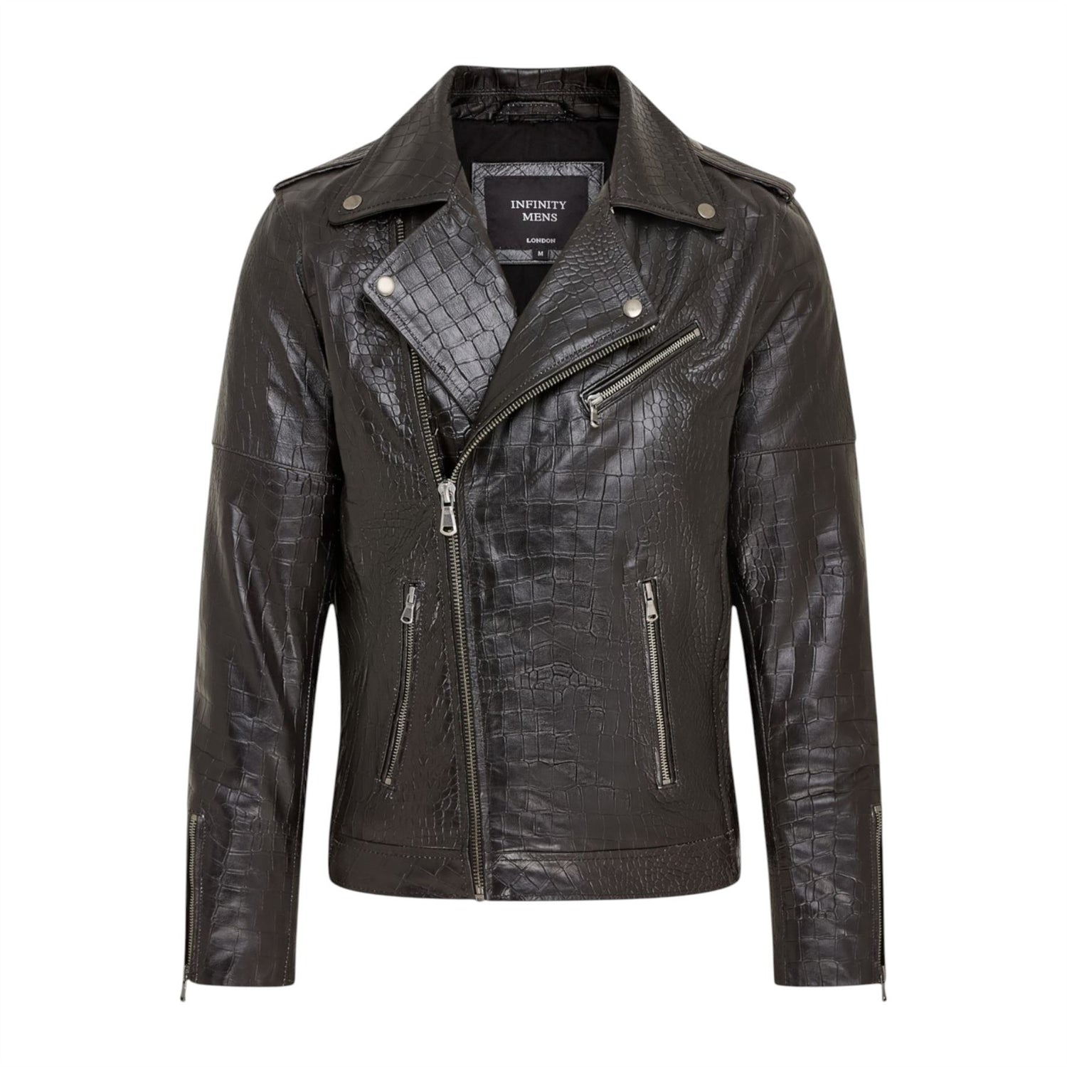 Mens Cow Leather Alligator Print Embossed Biker Jacket - Rot