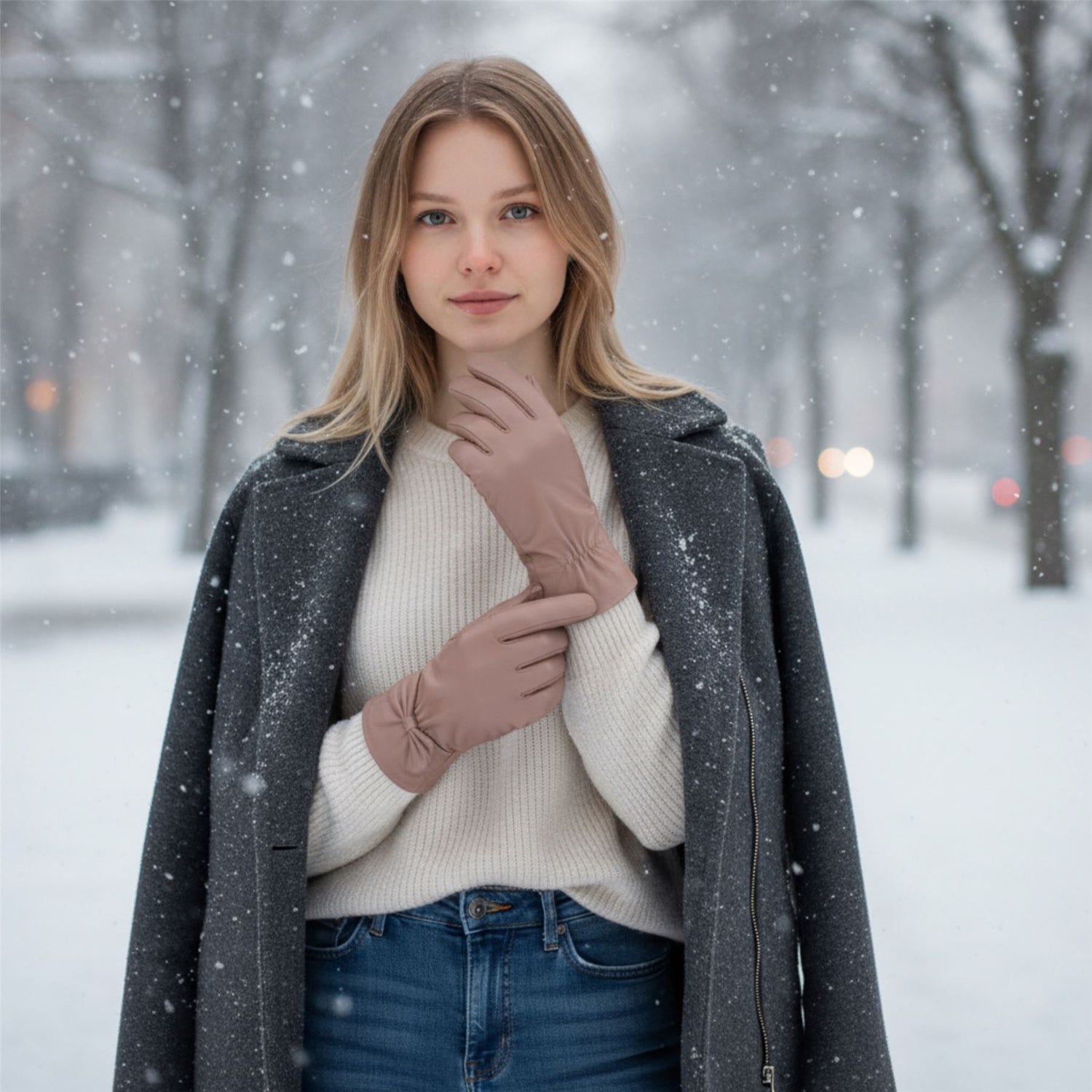 Womens Italian Leather Winter Bow Design Soft Wool Lining Gloves - L-GLV-401