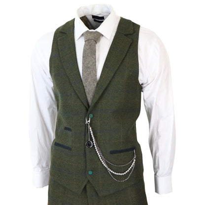 Mens 3 Piece Wool Suit Olive Green Tweed Check Peaky Blinders 1920 Gatsby Formal - Upperclass Fashions 