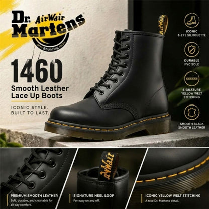 Dr Martens 1460 Black Smooth Leather 8-Eye Combat Boots - 11822006