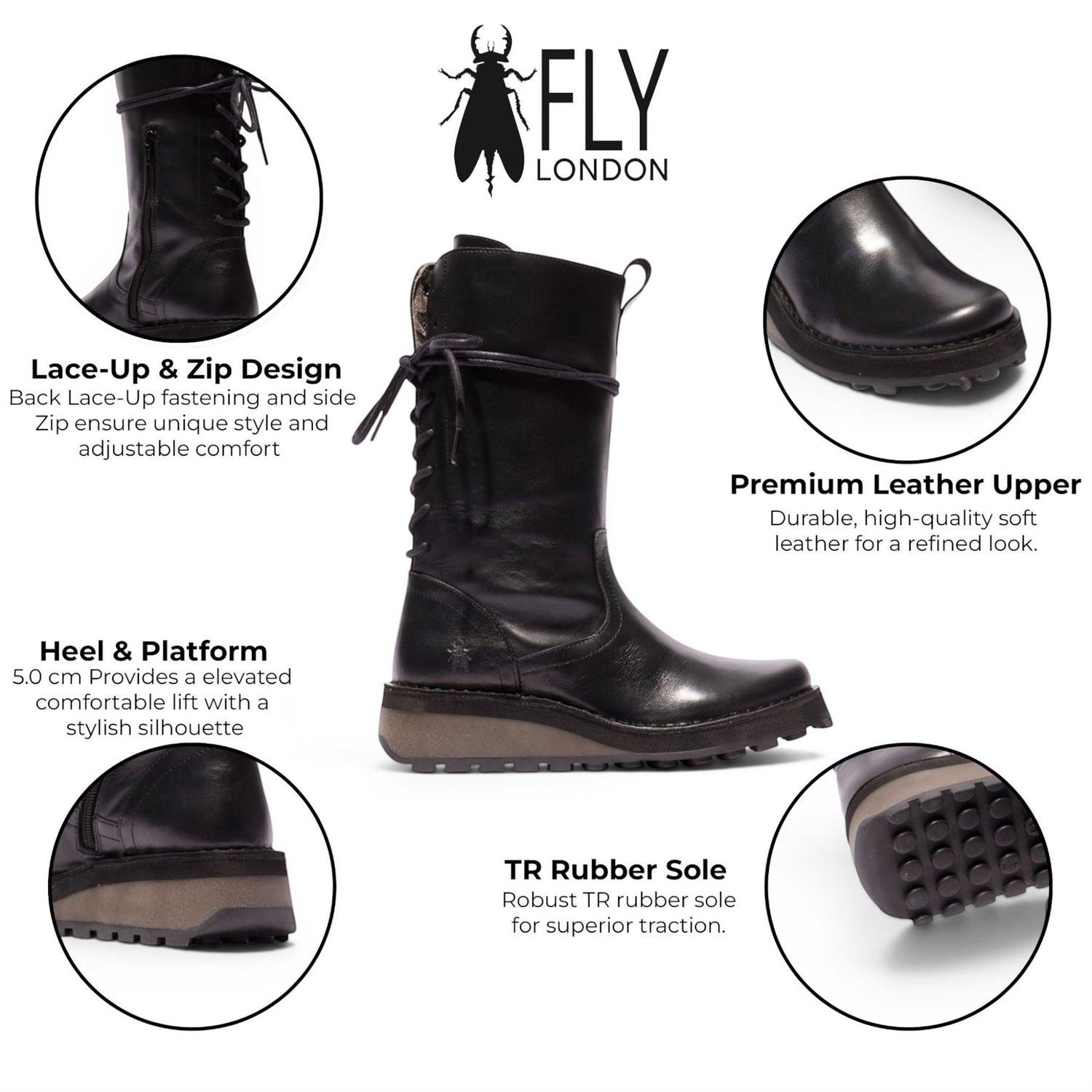 Fly London Women’s Black Leather Mid-Calf Long Boots - HEIG229
