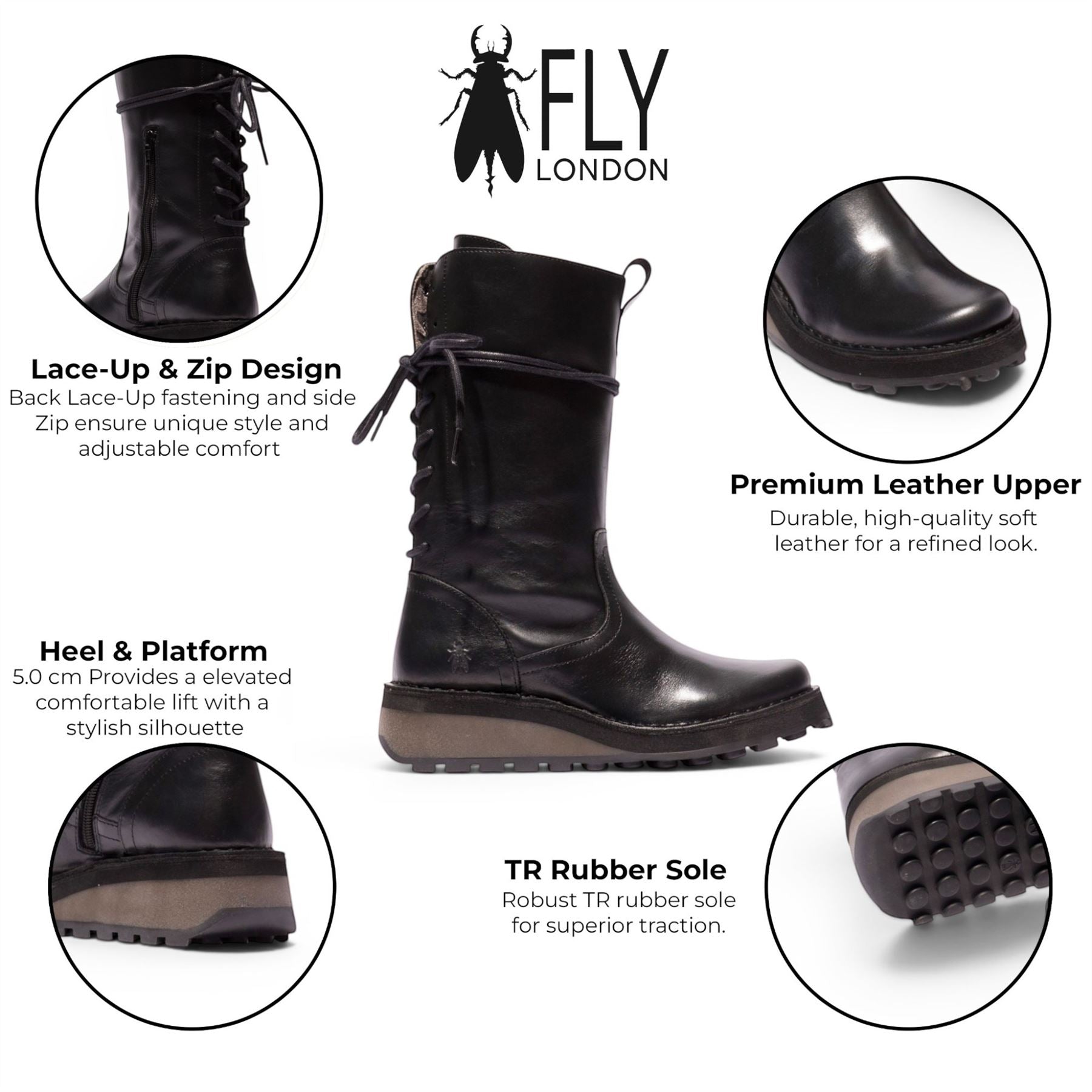 Fly London Women’s Black Leather Mid-Calf Long Boots - HEIG229
