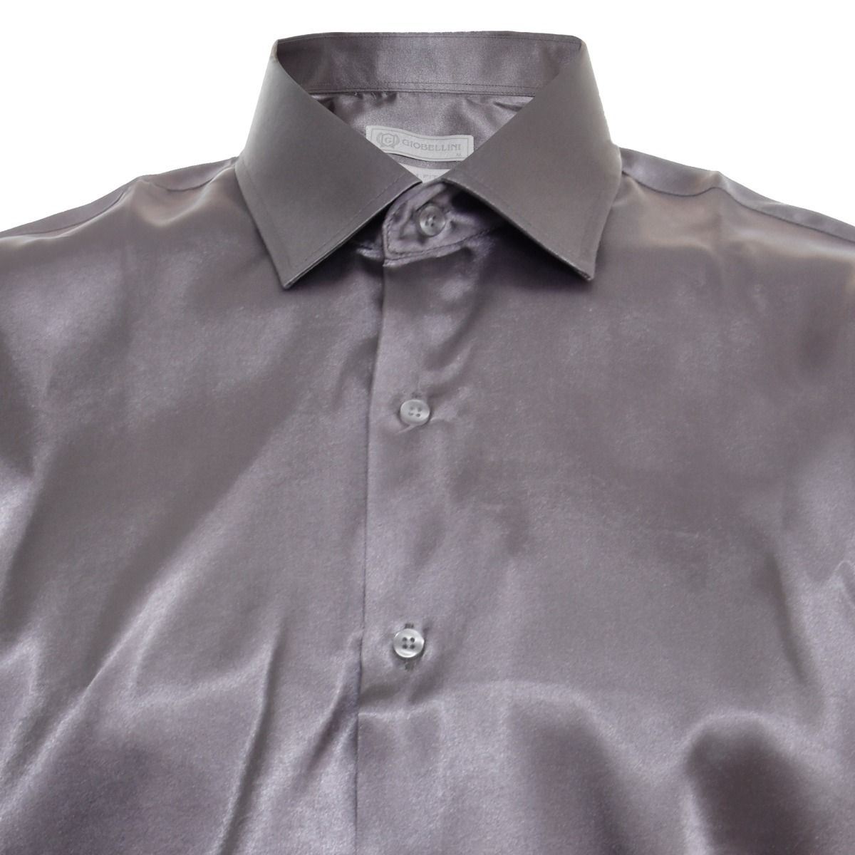 Mens Silver Satin Silk Shirt Smart Casual Button Down Cuff Tailored Fit