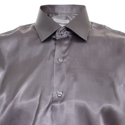 Mens Silver Satin Silk Shirt Smart Casual Button Down Cuff Tailored Fit - Upperclass Fashions 