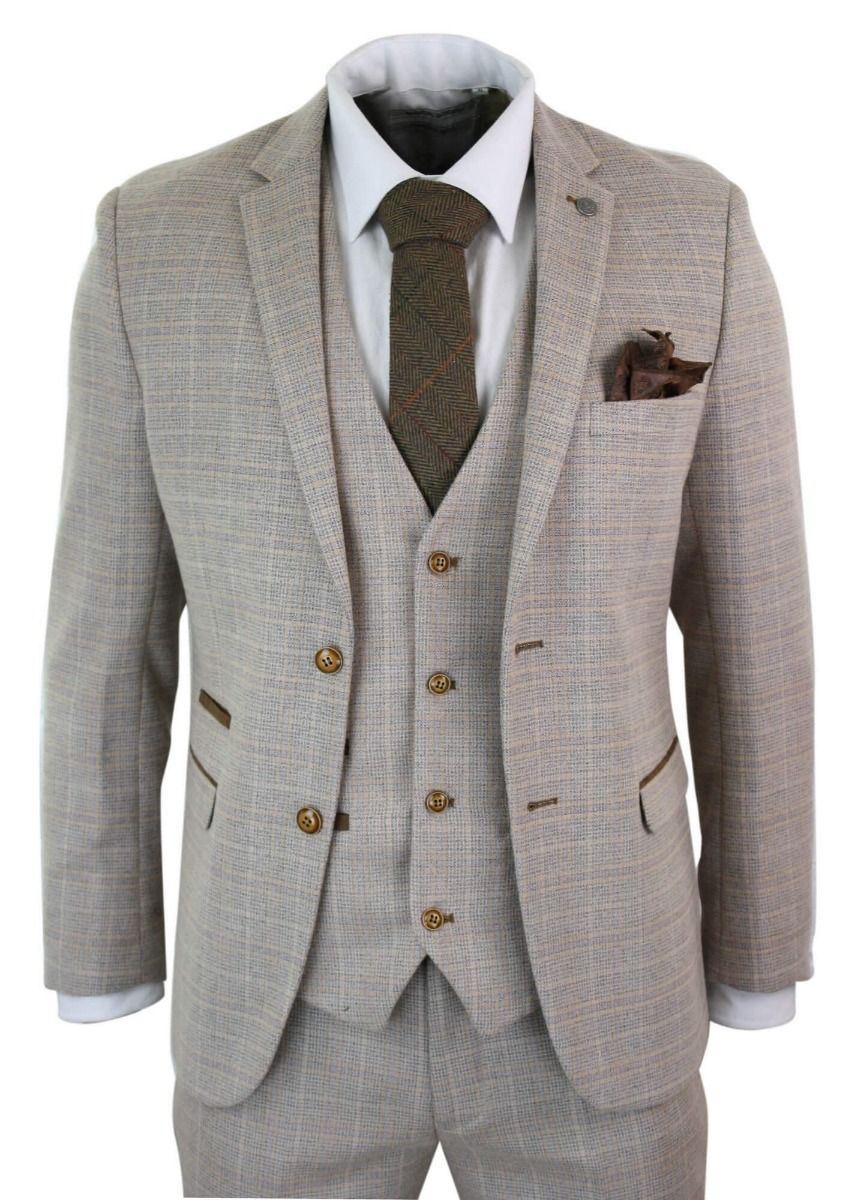 Mens 3 Piece Beige Tweed Check Vintage Retro Suit