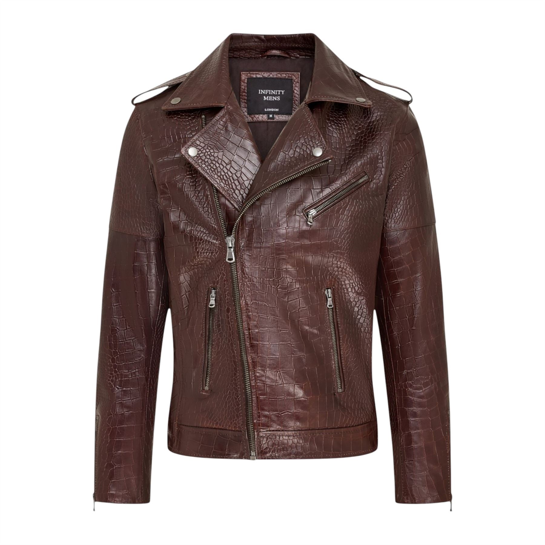 Mens Cow Leather Alligator Print Embossed Biker Jacket - Rot