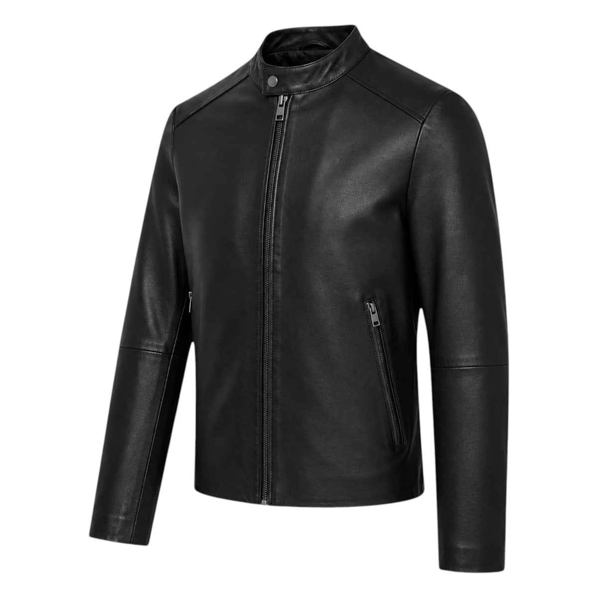 Mens Leather Stand Collar Cafe Racer Biker Jacket - E184