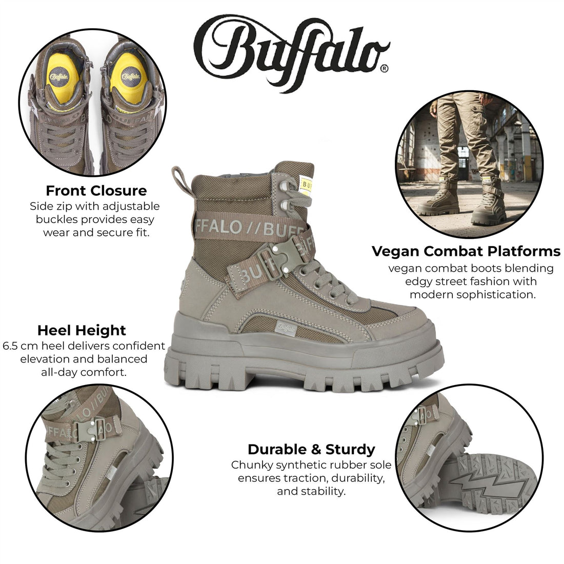 Buffalo Womens Khaki Chunky Platform High Ankle Combat Boots - ASPHA-COM1