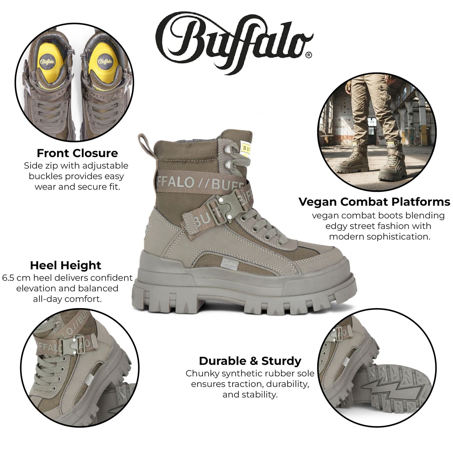 Buffalo Womens Khaki Chunky Platform High Ankle Combat Boots - ASPHA-COM1