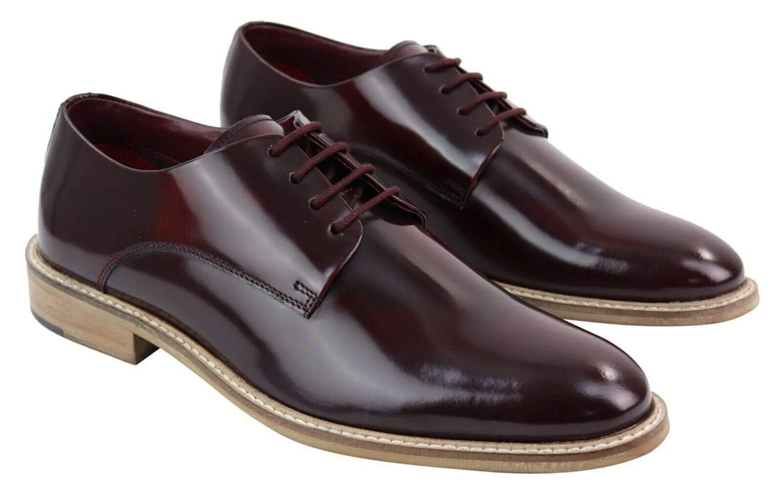 Mens Retro Oxford Brogue Derby Shoes in Wine Patent Leather - Upperclass Fashions 