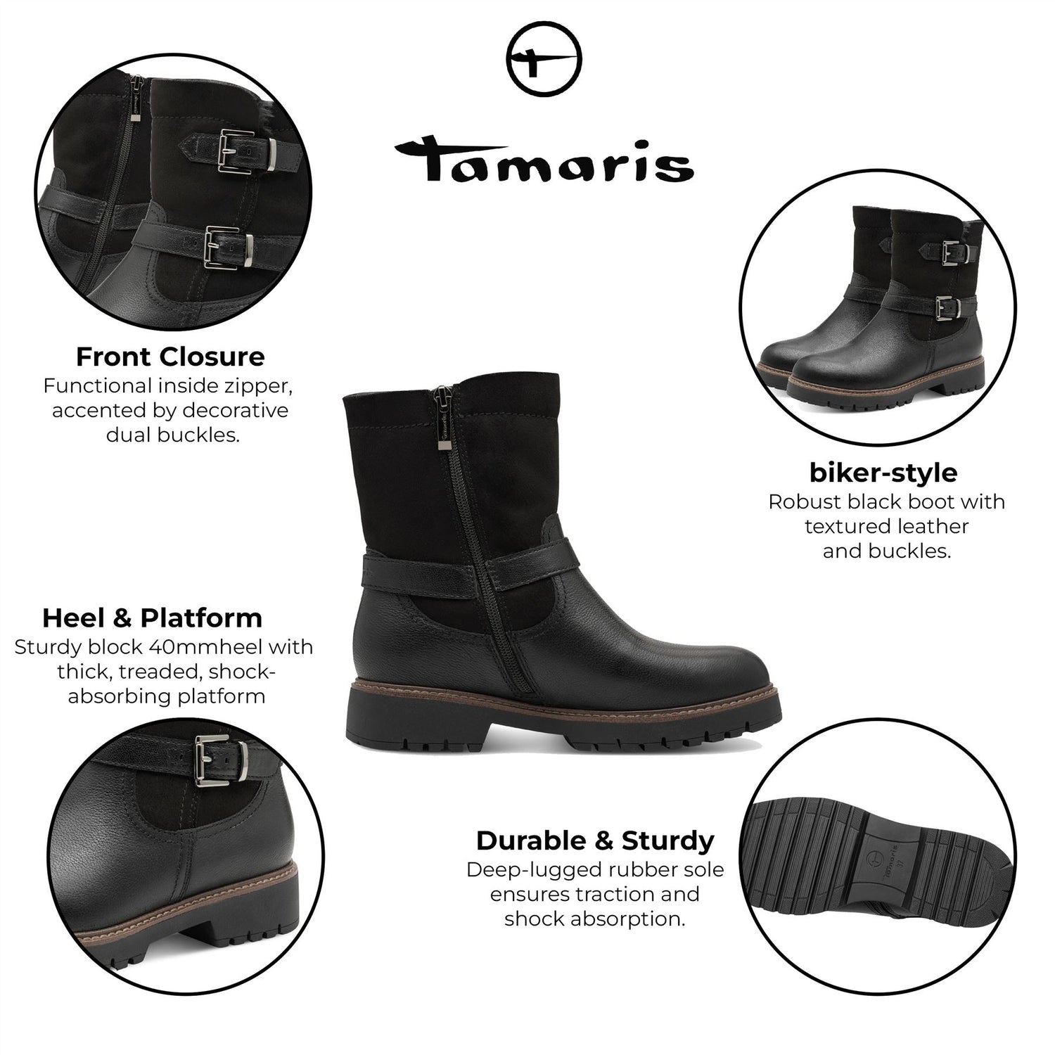 Tamaris Womens Winter Black Leather Buckle Zip Biker Ankle Boots