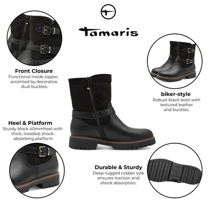 Tamaris Womens Winter Black Leather Buckle Zip Biker Ankle Boots