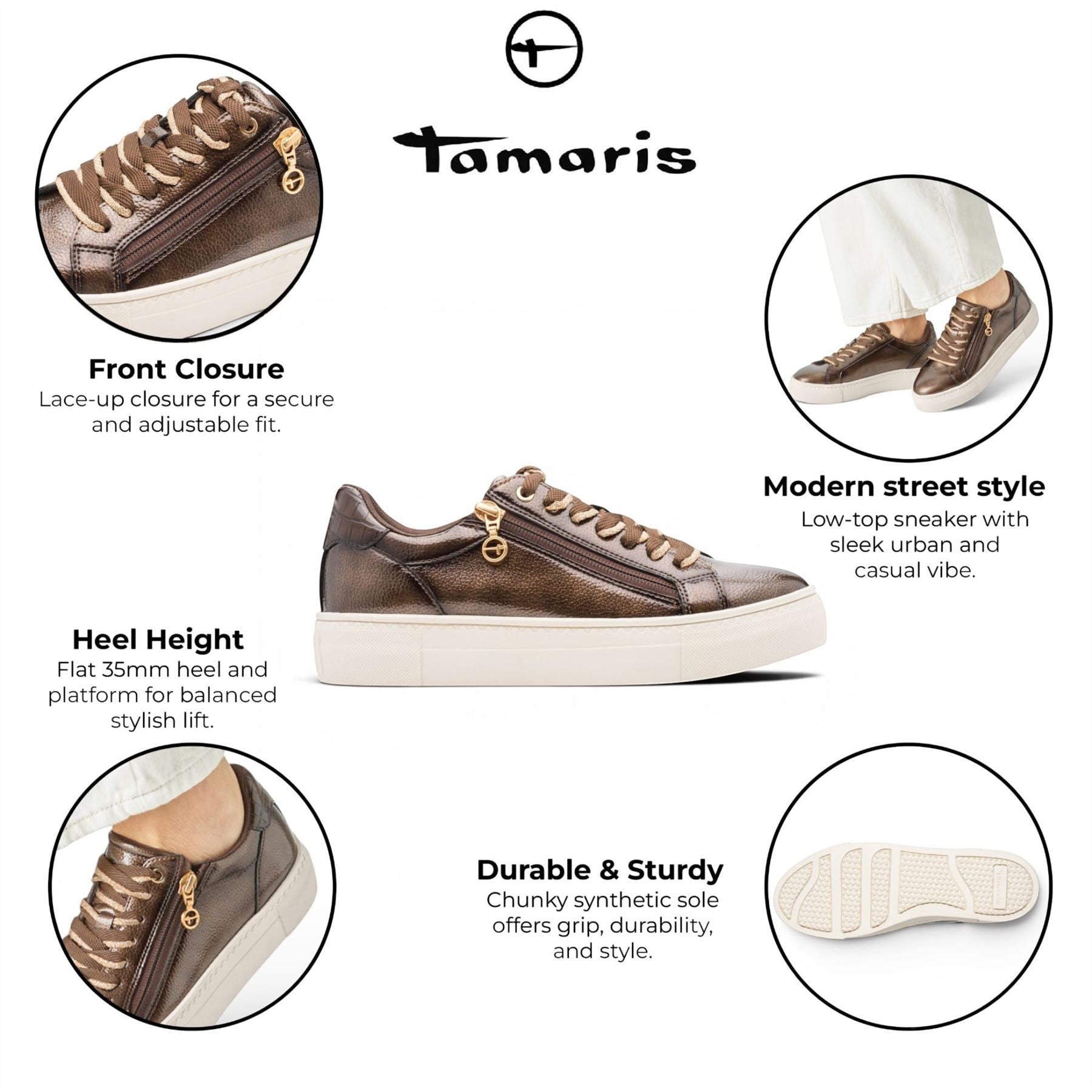 Tamaris Womens Brown Faux Leather Fashion Lace Up Sneakers