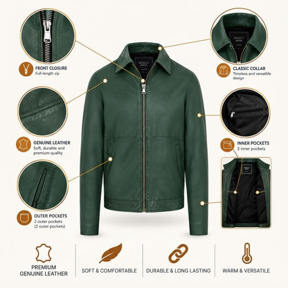 Mens Leather Harrington Collar Biker Jacket - Alpha