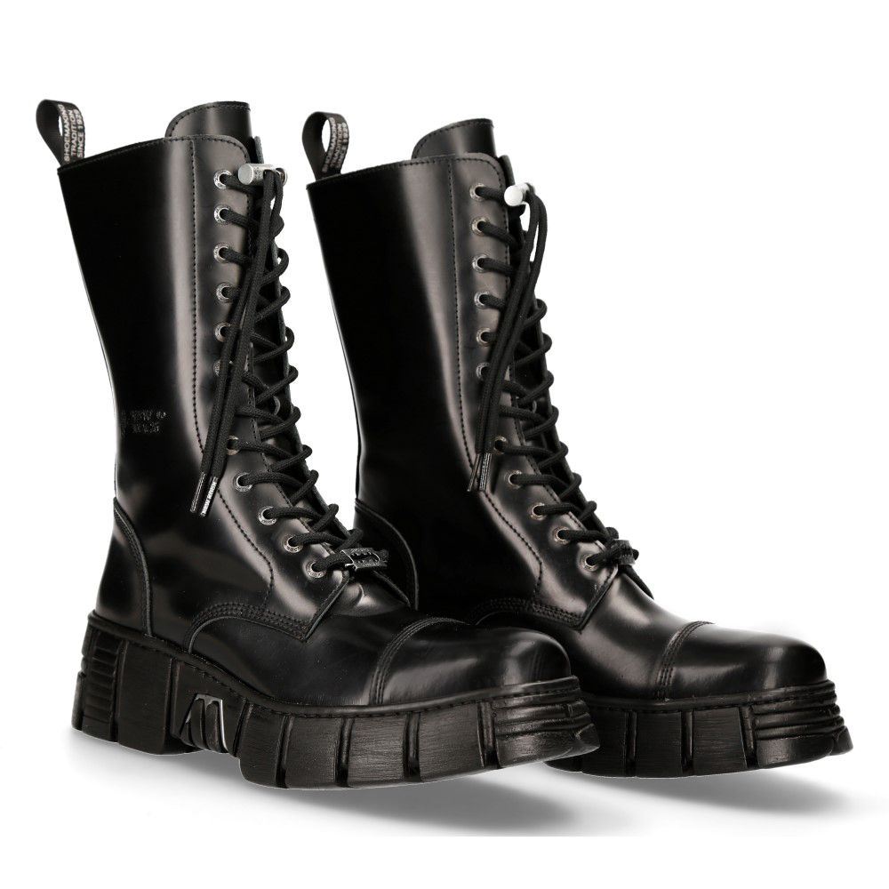 New Rock Black Leather Mid-Calf Tower Biker Boots-M-WALL127N-C1