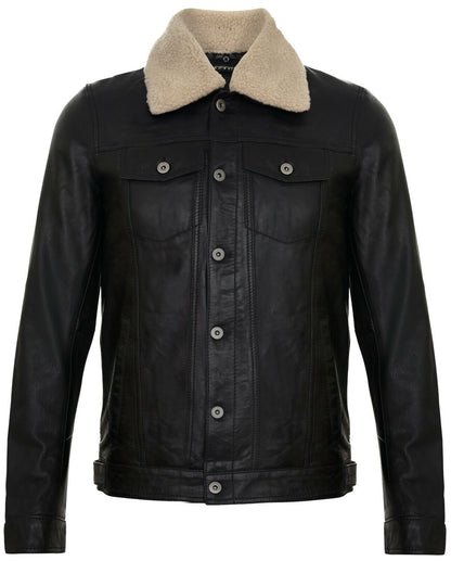 Mens Sheepskin Collar Trucker Leather Jacket-Darlington