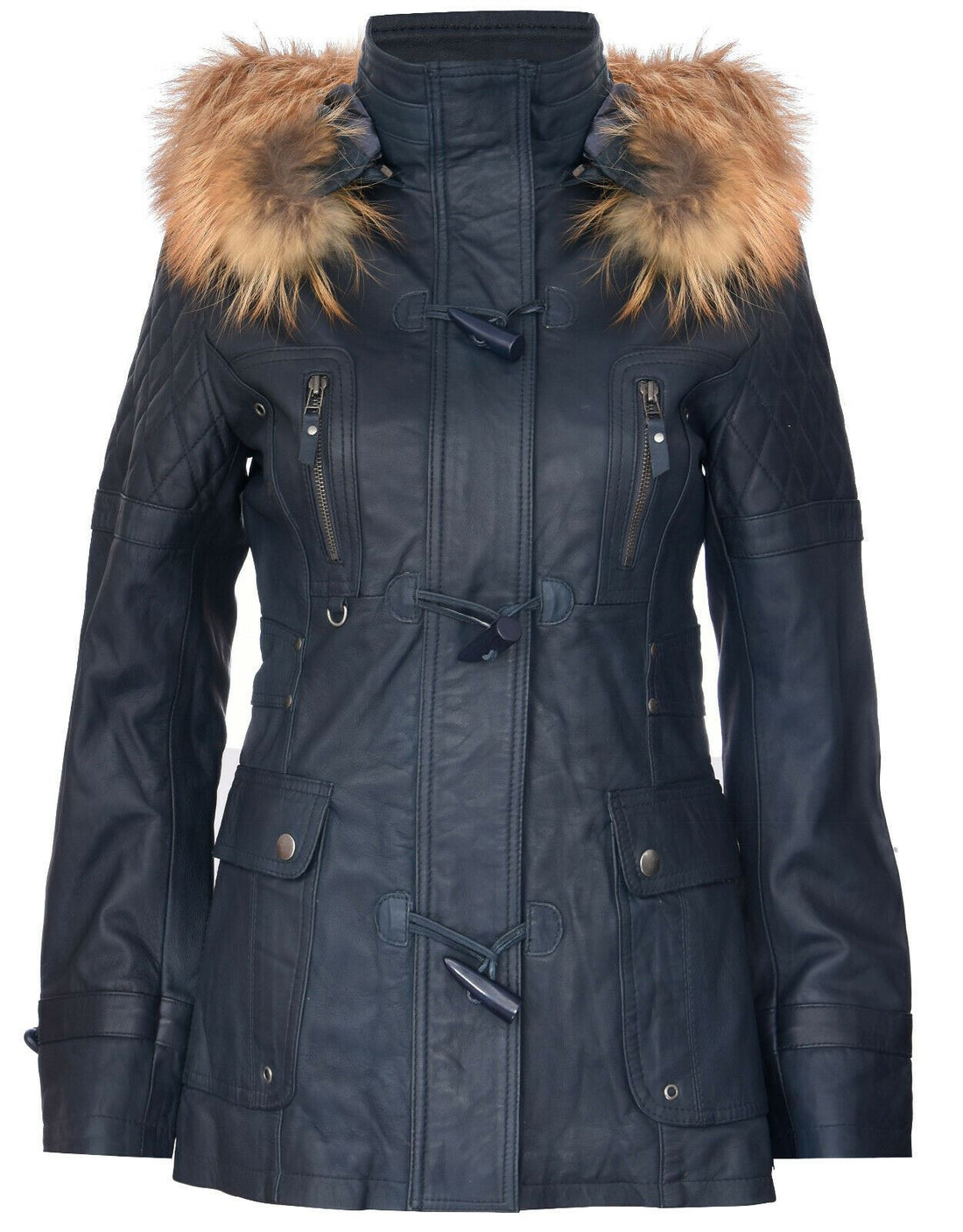 Womens Quilted Leather Hooded Parka Jacket-Northampton