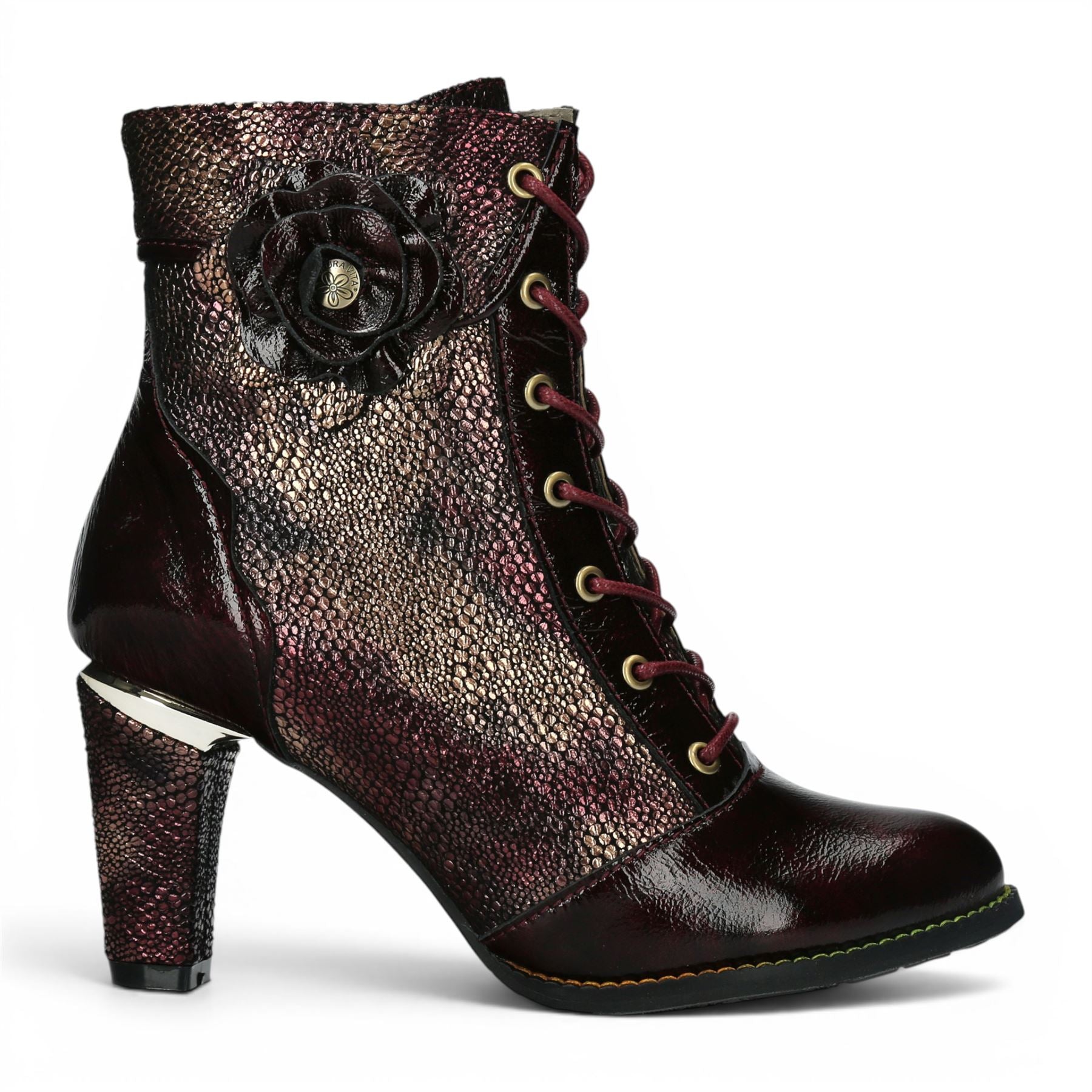 Laura Vita Women’s Wine Leather Floral Heeled Lace-Up Boots - Alcbaneo 173