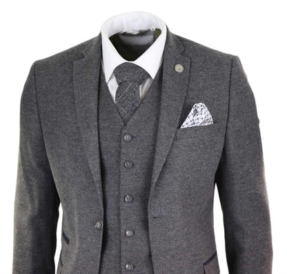 Mens 3 Piece Grey Wool Tweed Vintage Retro Suit - Upperclass Fashions 